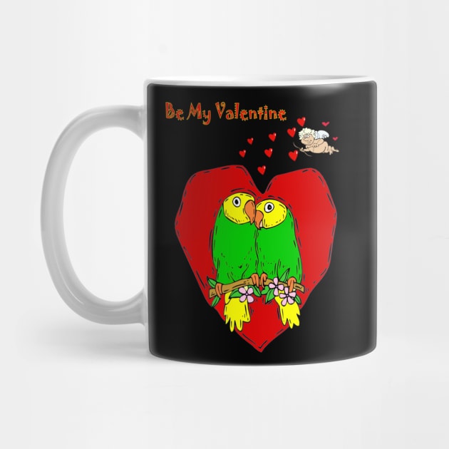 Valentine lovebirds with Cupid Cartoon Fantasy Abstract Print by posterbobs